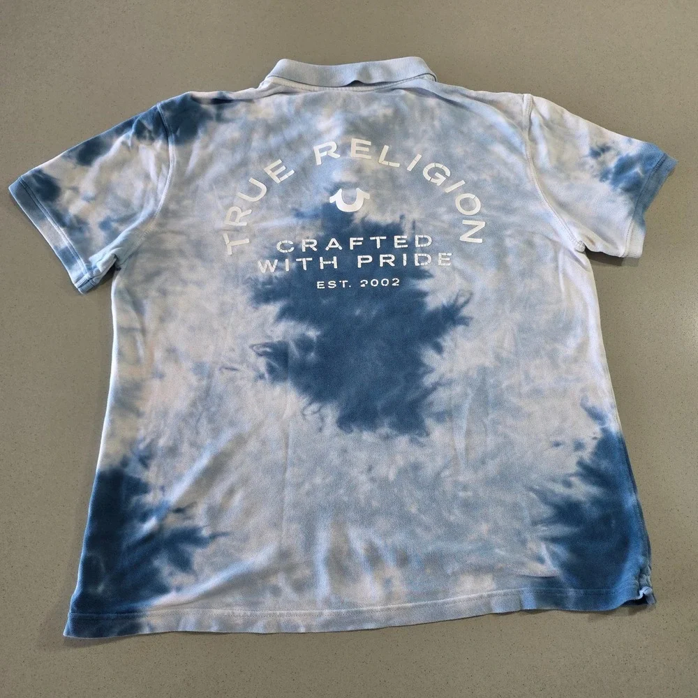 True Religion Mens Blue Tie Dye World Tour Logo Polo Shirt Size Large